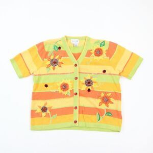 Vintage Just B Womens Cardigan Sweater Sun Flowers & Lady Bugs Colorful Stripe S
